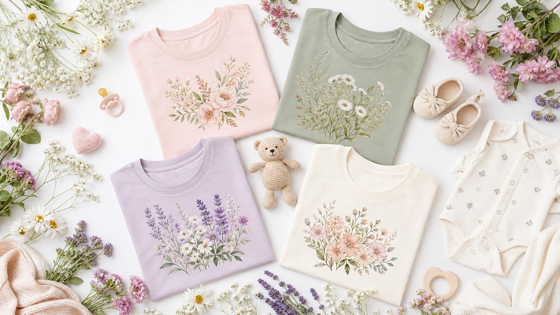 Floral family tees for grandma, sister, brother, and aunt arranged with wildflowers and baby items for a baby shower