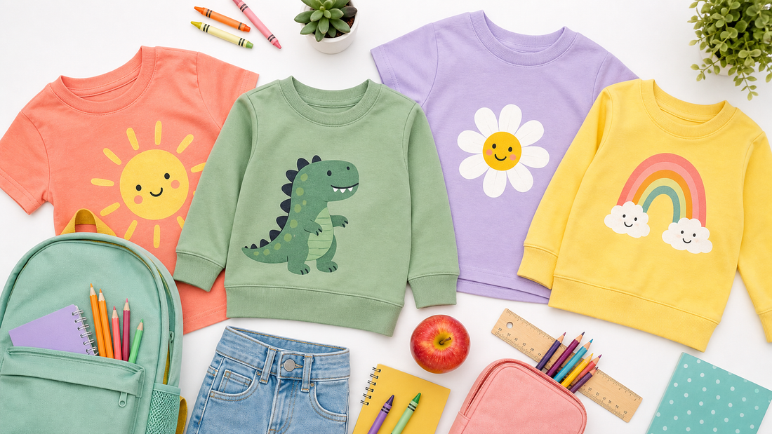 Colorful kids back-to-school graphic tees and sweatshirts flat-lay with school supplies
