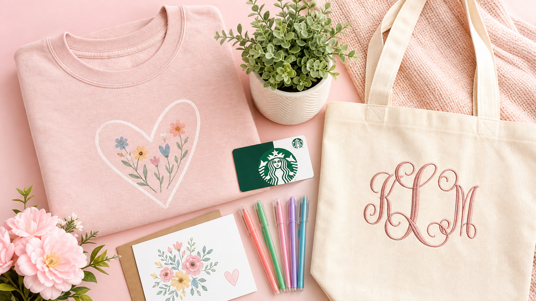 Teacher appreciation gifts flat-lay with pastel sweatshirt, gift cards, gel pens, and a tote bag