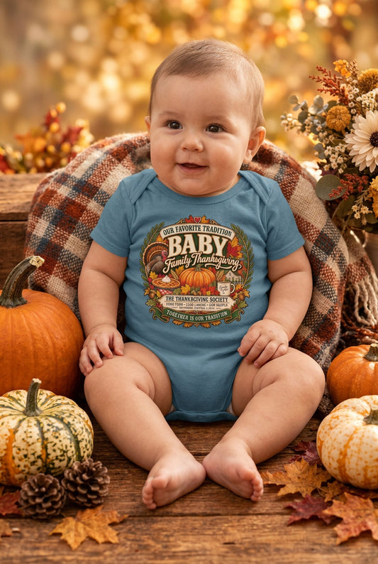 A baby short-sleeve bodysuit in heathered dusty blue, featuring a large, colorful Thanksgiving-themed graphic on the chest with pumpkins, turkeys, and autumn leaves.