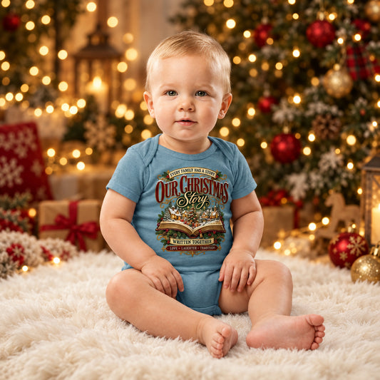 A baby sitting on a light gray studio background wearing a light blue short-sleeve bodysuit with a large Christmas graphic on the front that reads 'Our Christmas Story' and 'Family Tradition.'.