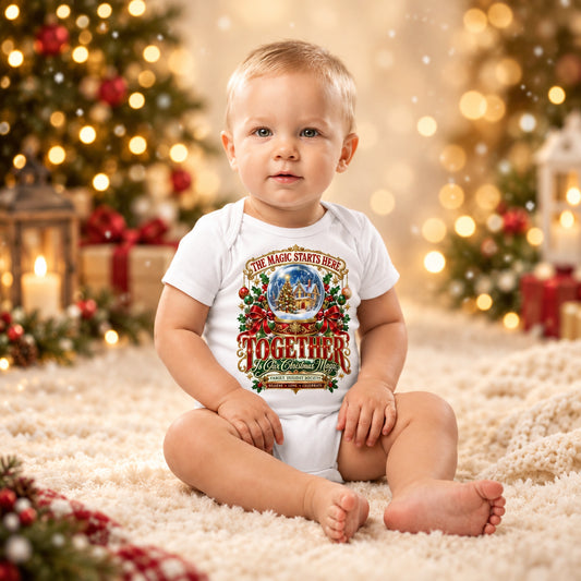 A baby sitting on a light gray studio background wearing a white short-sleeve bodysuit with a large vintage Christmas graphic on the front.