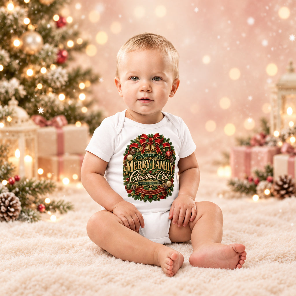 A baby sitting on a light gray studio floor wearing a white short-sleeve bodysuit with a large festive Christmas graphic on the chest that reads 'Merry Family Christmas Club' in gold lettering surrounded by red bows, green holly, and gold ornaments.