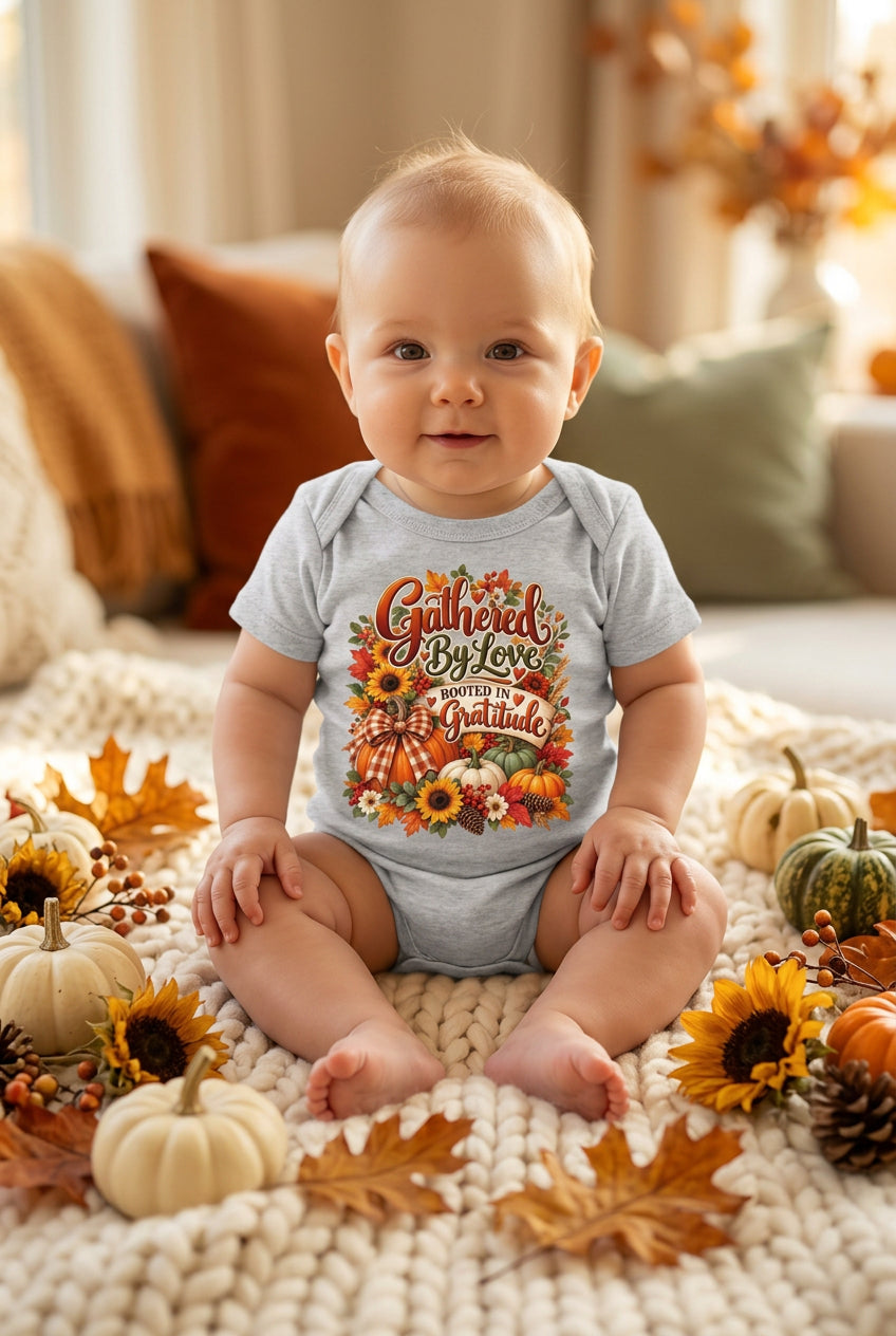 A light heather gray baby bodysuit featuring a colorful autumn-themed graphic with pumpkins, sunflowers, leaves, and the text 'Gathered By Love Rooted In Gratitude'.