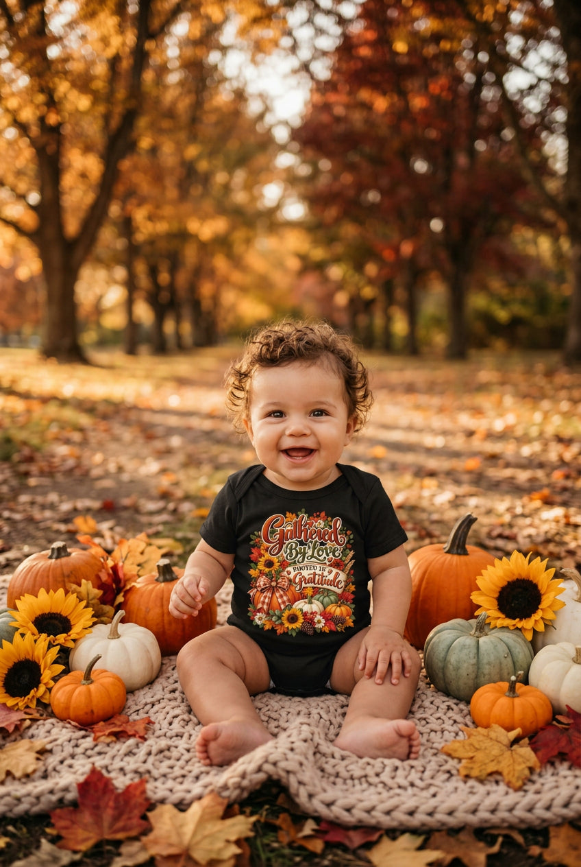 A black short-sleeve baby bodysuit featuring a colorful autumn-themed graphic print with the text 'Gathered By Love Rooted In Gratitude' and illustrations of pumpkins, sunflowers, and fall leaves.