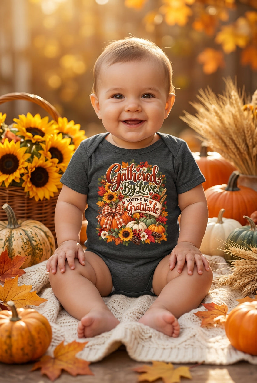 A dark heather gray baby bodysuit featuring a colorful autumn-themed graphic print with pumpkins, sunflowers, and the text 'Gathered By Love Rooted In Gratitude'.