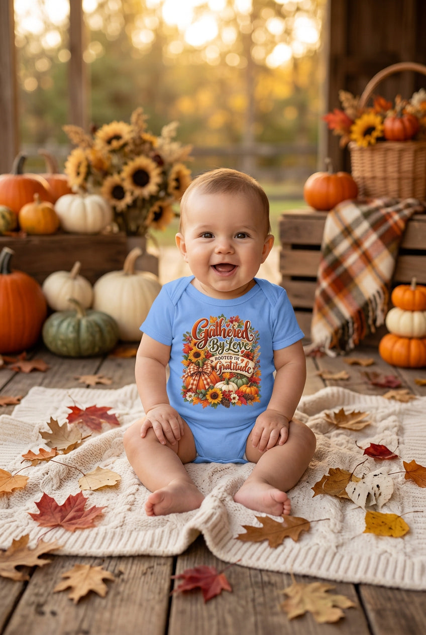 A light blue short-sleeve baby bodysuit with a colorful autumn-themed graphic on the chest that reads 'Gathered By Love Rooted In Gratitude' surrounded by pumpkins, sunflowers, and fall leaves.