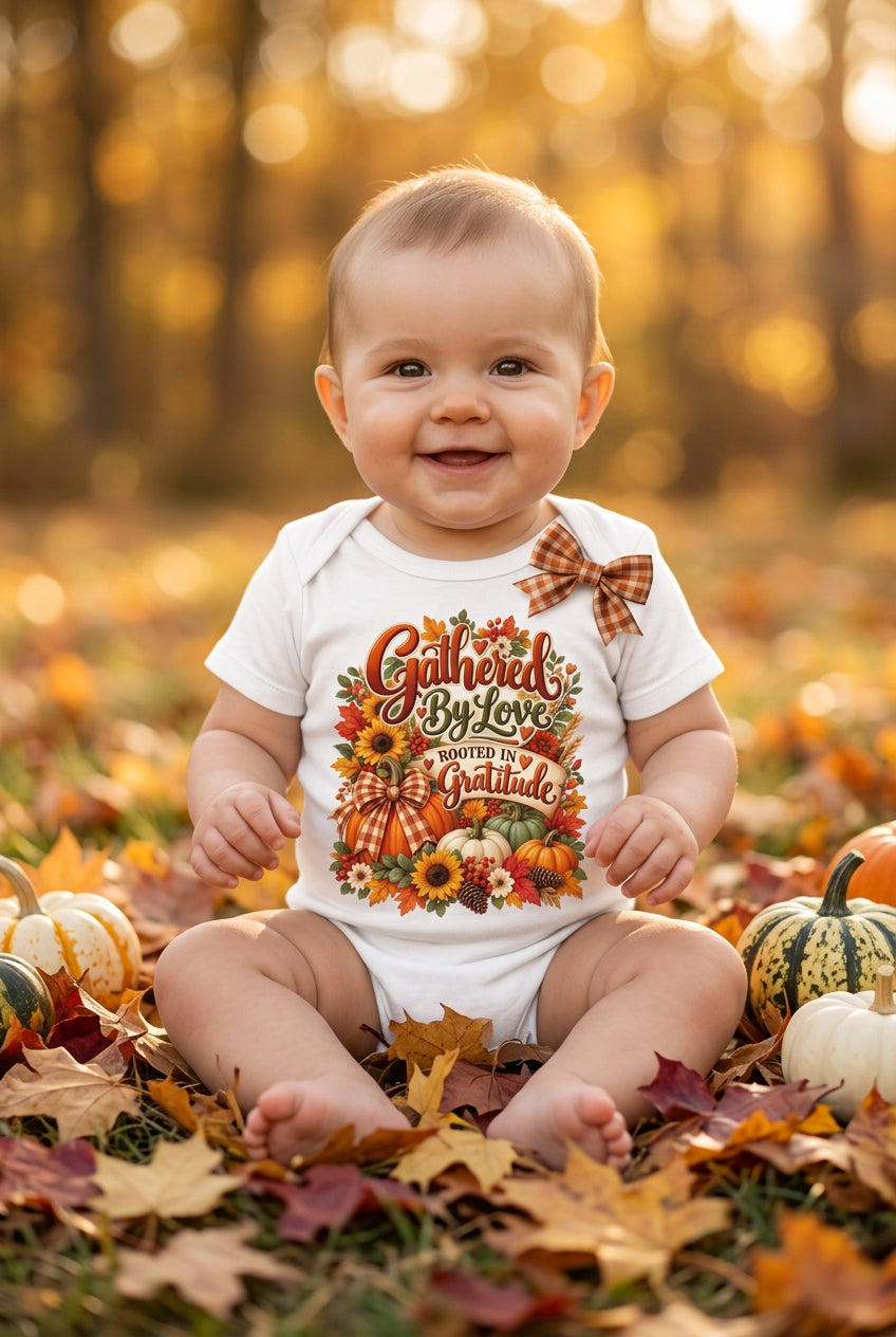 White short-sleeve baby bodysuit with a colorful autumn-themed graphic on the chest reading 'Gathered By Love Rooted In Gratitude' with pumpkins, sunflowers, and fall leaves.
