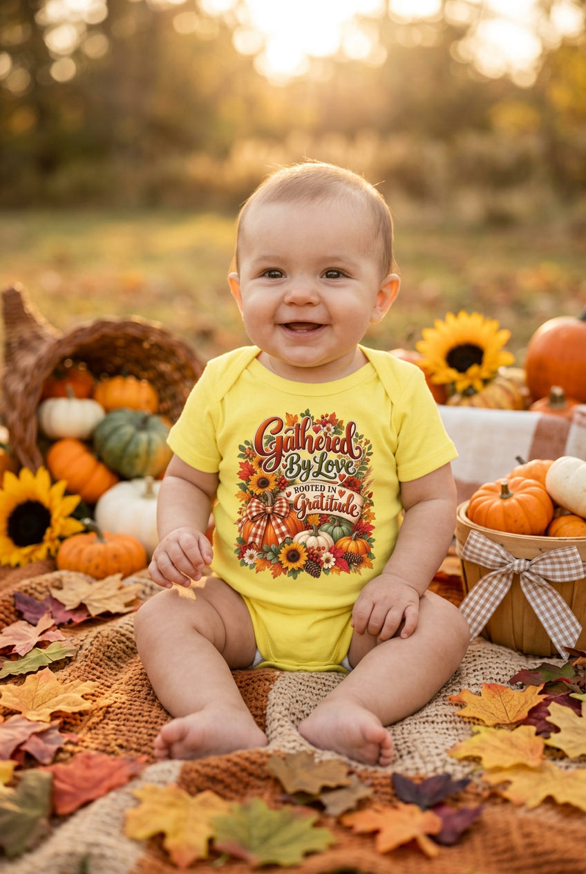 A pale yellow short-sleeve baby bodysuit with a colorful autumn-themed graphic on the chest. The graphic features the text 'Gathered By Love Rooted In Gratitude' surrounded by pumpkins, sunflowers, and fall leaves.