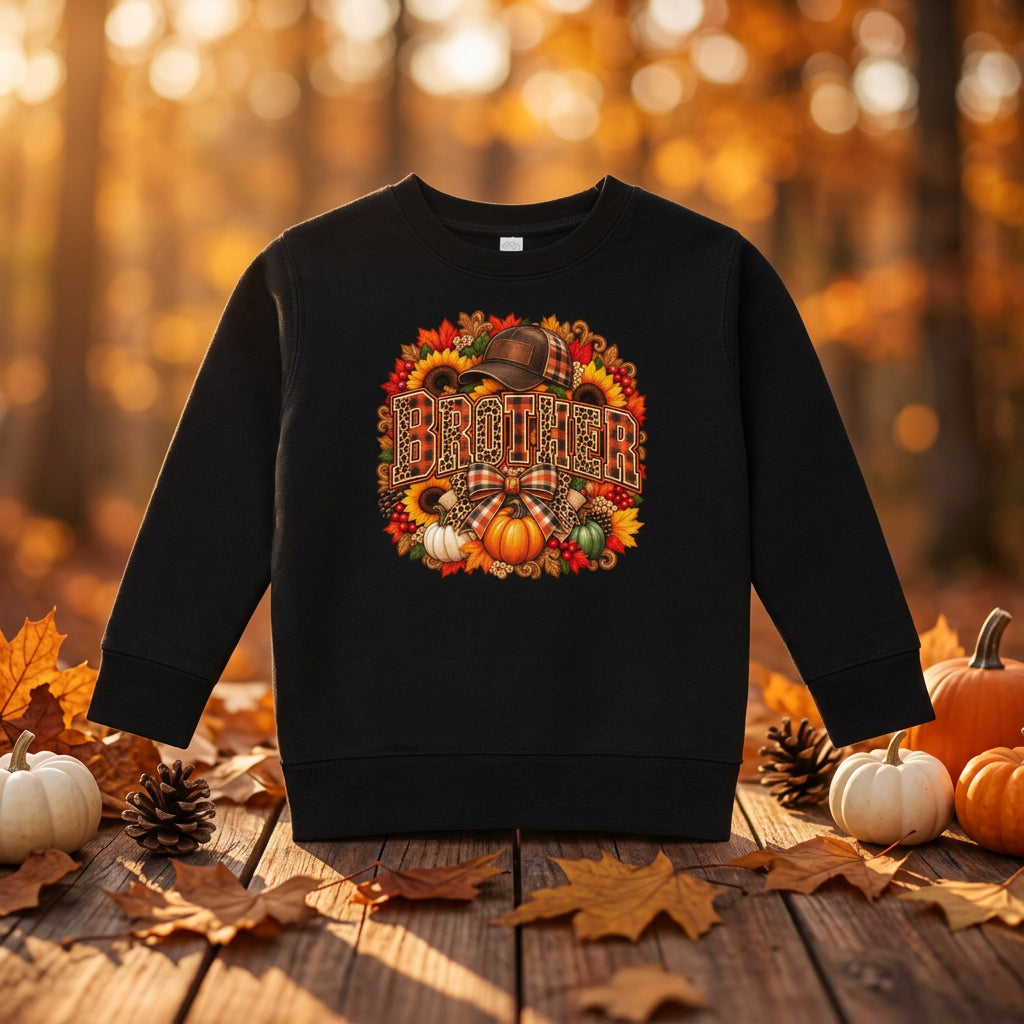 A black crewneck sweatshirt featuring a colorful autumn-themed graphic on the front with the word 'BROTHER' surrounded by pumpkins, sunflowers, leaves, and a plaid hat.