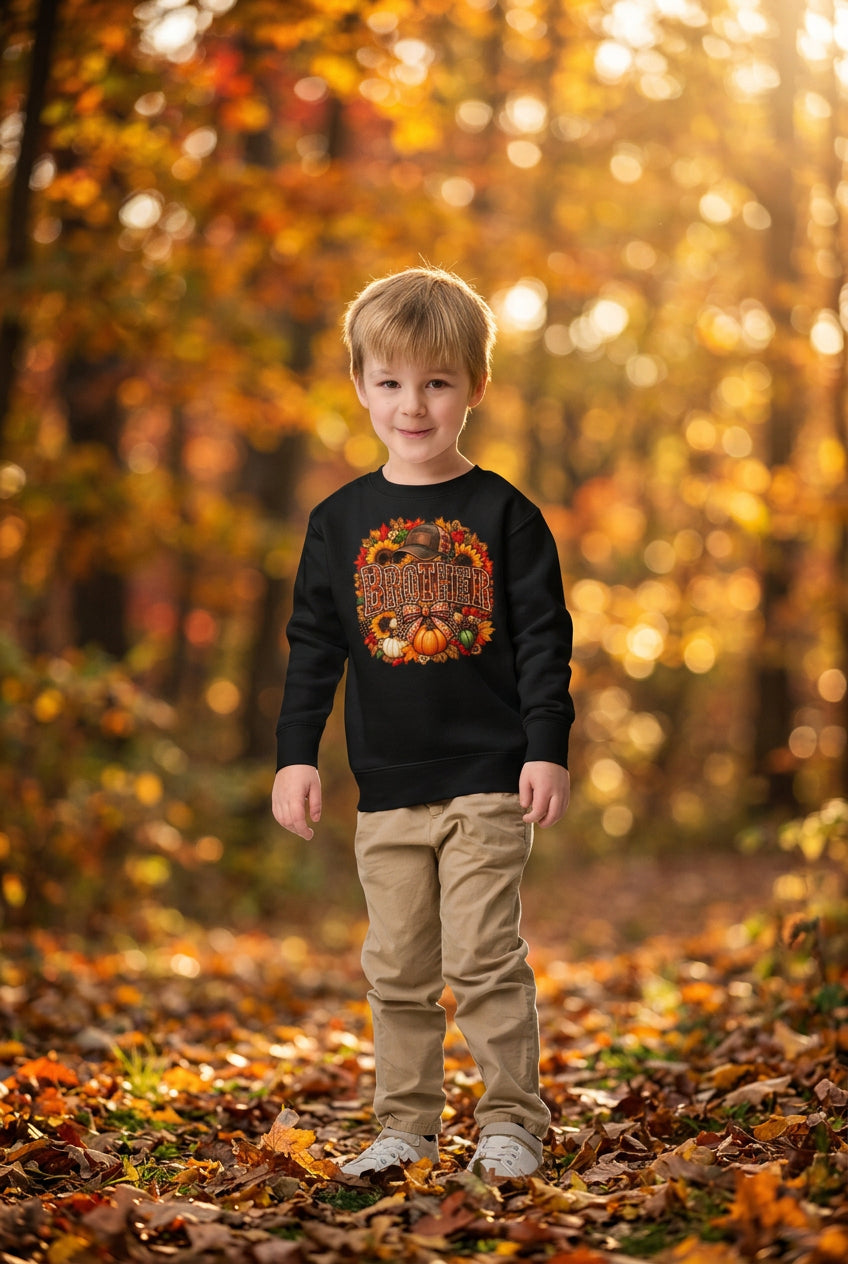 A young boy wearing a black crewneck sweatshirt with a colorful 'Thanksgiving' graphic featuring pumpkins and autumn leaves, paired with khaki pants and white sneakers, standing against a plain white background.