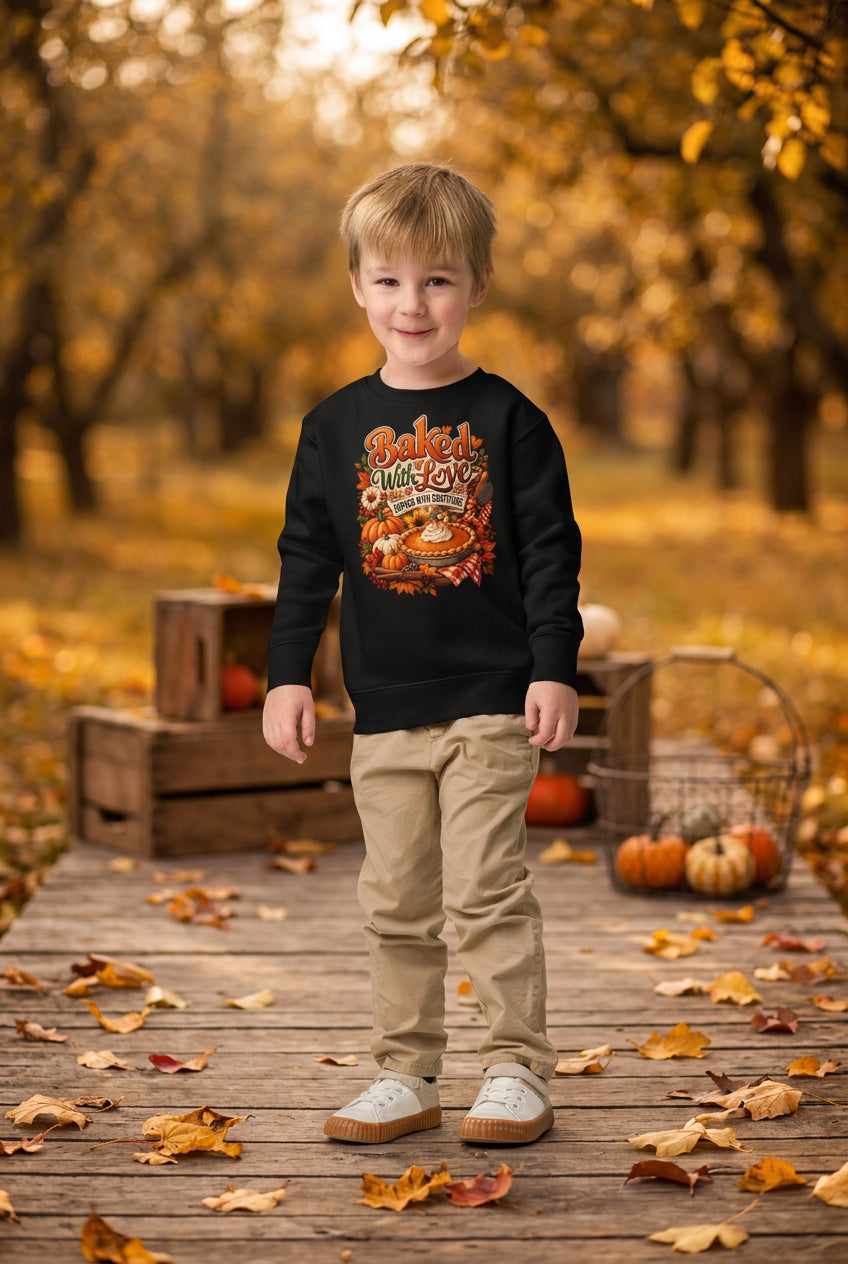A young boy wearing a black crewneck sweatshirt with a colorful 'Bake It All Way' pumpkin graphic, paired with khaki pants and white sneakers, standing against a plain white background.