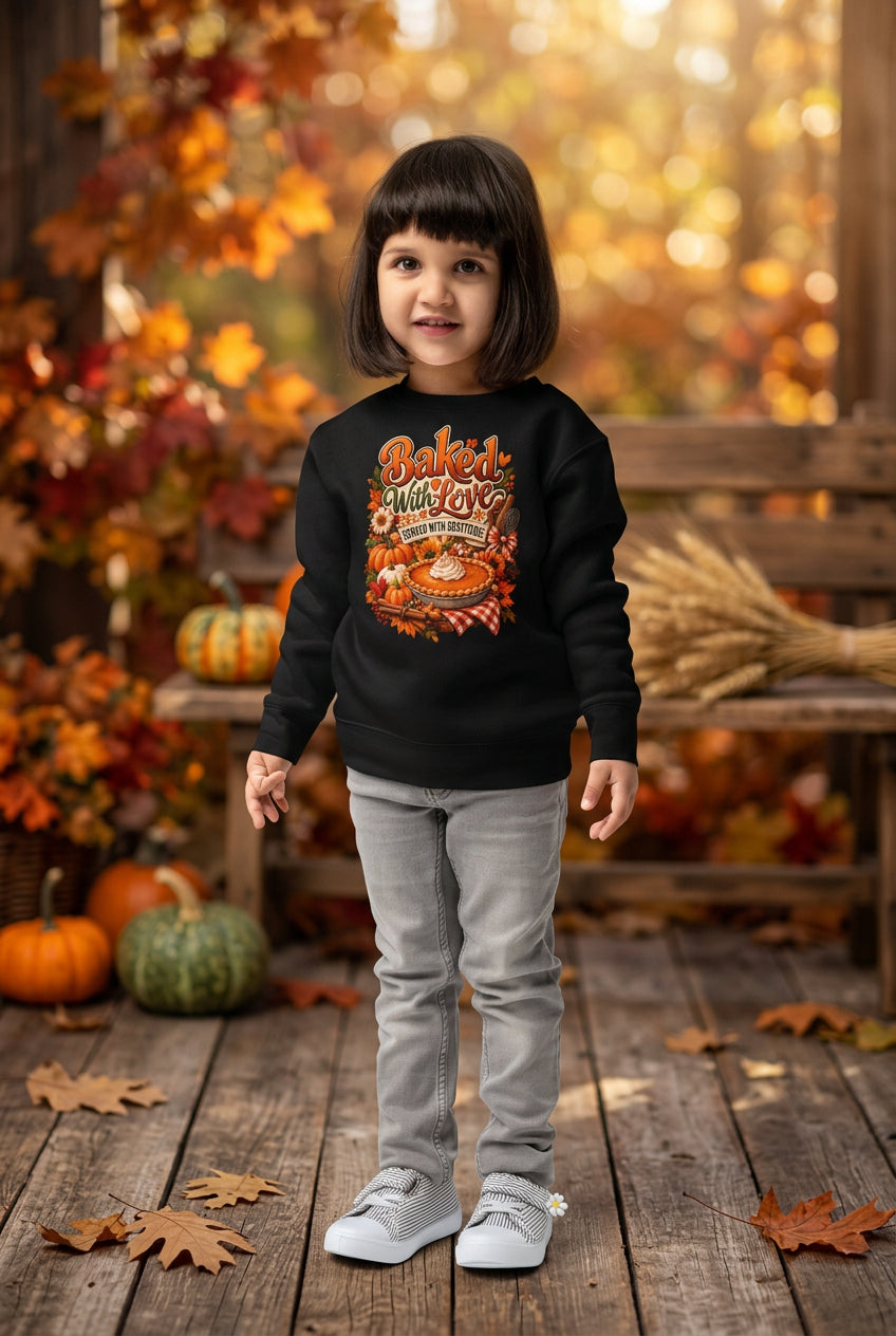A young child wearing a black crewneck sweatshirt with a colorful 'Fighting Spirit' graphic on the front, paired with gray jeans and white sneakers, standing against a plain white background.