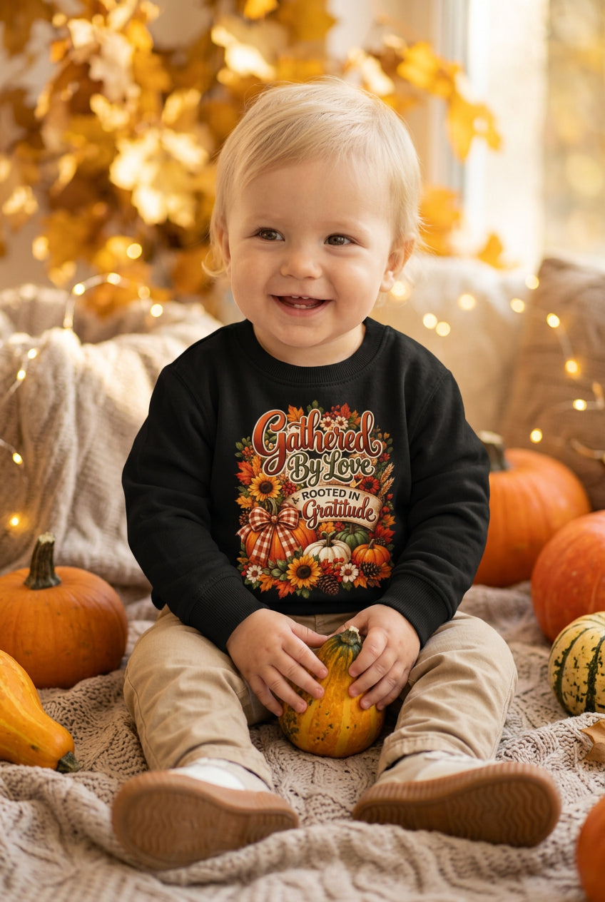A young boy wearing a black crewneck sweatshirt with a colorful 'Crazy' graphic from Ghostbusters, paired with khaki pants and white sneakers, standing against a plain white background.