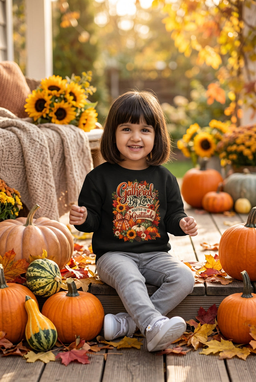A young child wearing a black crewneck sweatshirt with a colorful 'Fighting Spirit' graphic on the front, paired with gray jeans and white sneakers, standing against a plain white background.