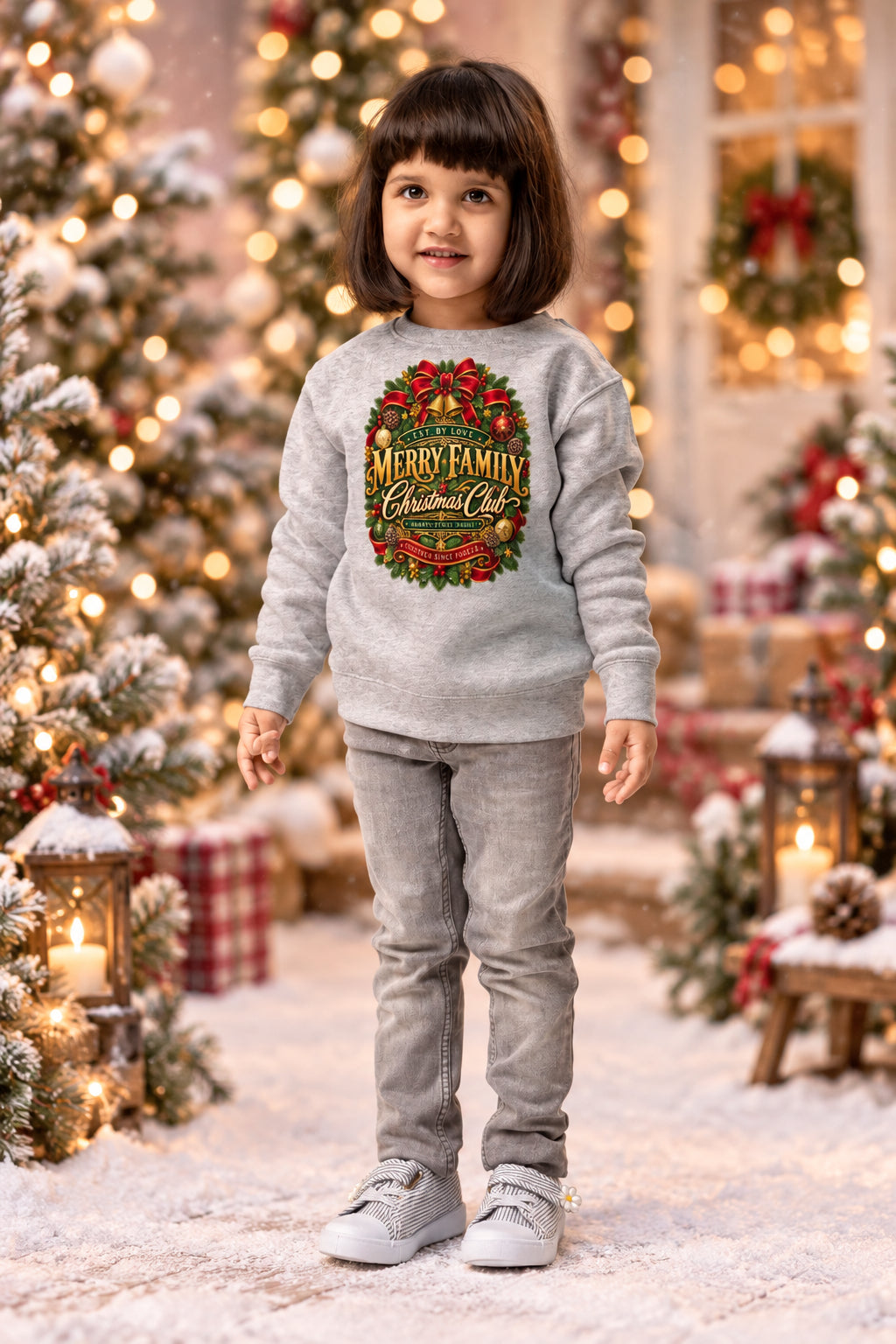 A young girl with dark hair stands against a white background wearing a light gray sweatshirt with a colorful 'Merry Family Christmas' graphic, gray pants, and gray sneakers.