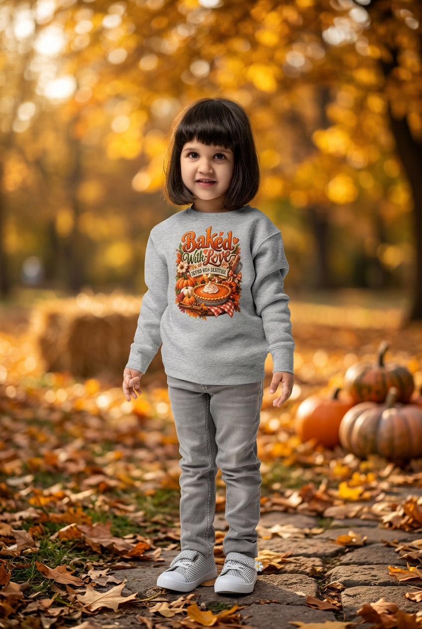 A young girl with a dark bob haircut stands against a white background wearing a heather gray sweatshirt with a colorful 'Baked at My Kitchen' graphic, matching gray jogger pants, and gray sneakers.
