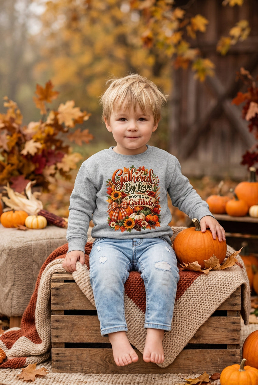 A young boy wearing a light gray crewneck sweatshirt with a colorful autumn-themed graphic that reads 'Gather 'til Big Love' surrounded by pumpkins and fall leaves, paired with khaki pants and white sneakers, standing against a plain white background.