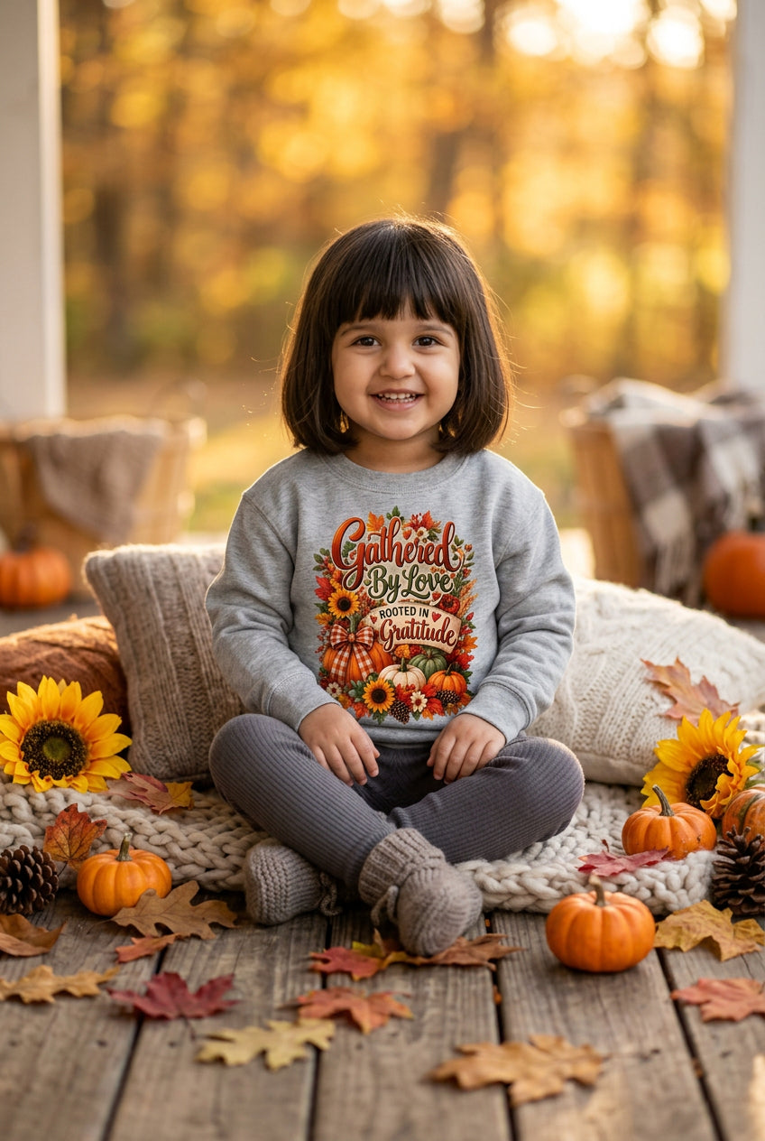 A young child wearing a light gray sweatshirt with a colorful autumn-themed graphic that reads 'Celebrate By Love All Year Round' with sunflowers, paired with matching gray jogger pants and gray sneakers, on a solid white background.