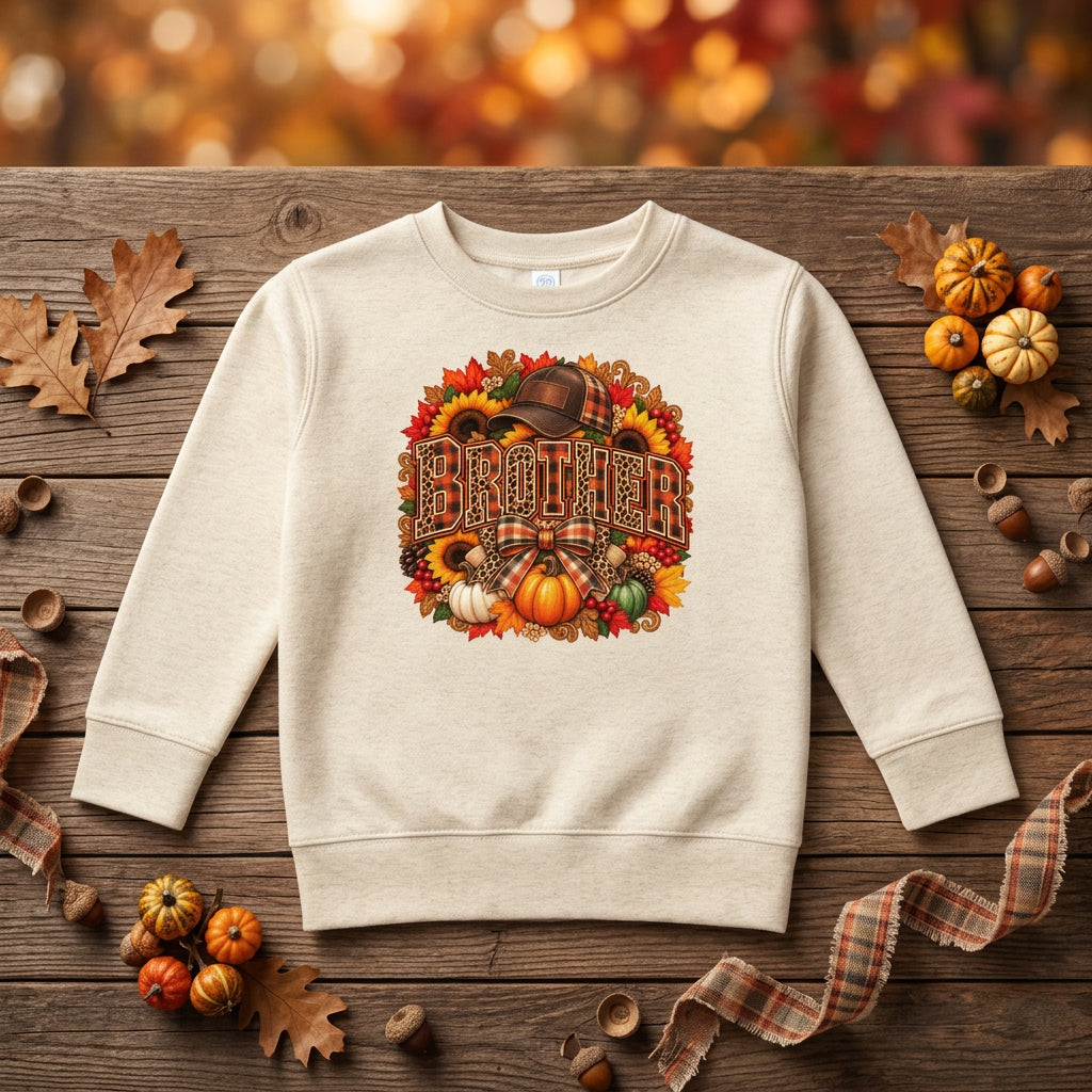 A cream-colored long-sleeve crewneck sweatshirt featuring a large, colorful autumn-themed graphic on the chest with the word 'BROTHER' surrounded by pumpkins, sunflowers, and fall leaves.
