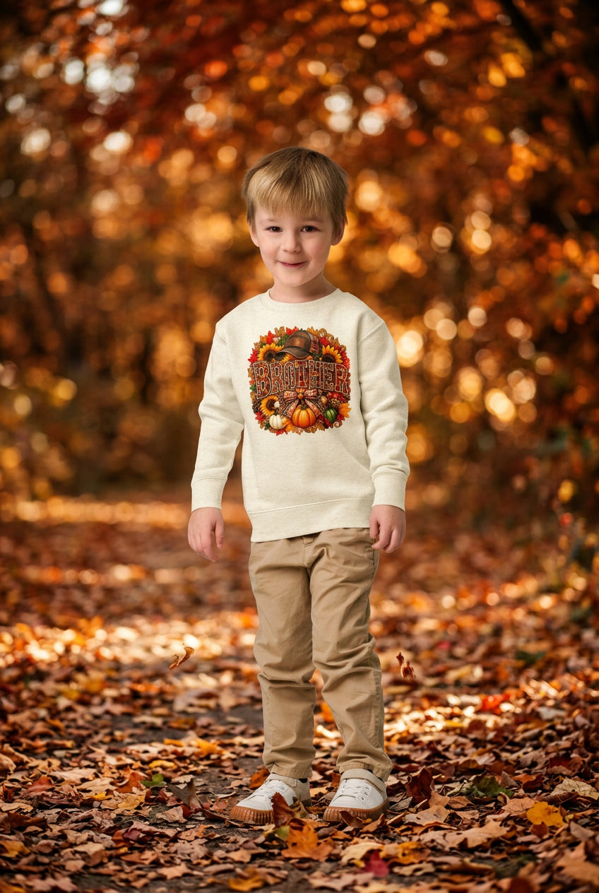 A young boy wearing a cream-colored crewneck sweatshirt with a colorful 'Thanksgiving' graphic featuring pumpkins and autumn leaves, paired with khaki pants and white slip-on shoes, standing against a solid white background.