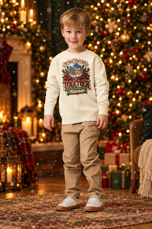 A young boy wearing a cream-colored crewneck sweatshirt with a colorful 'Mighty Young' graphic on the front, paired with khaki pants and white sneakers, standing against a solid white background.