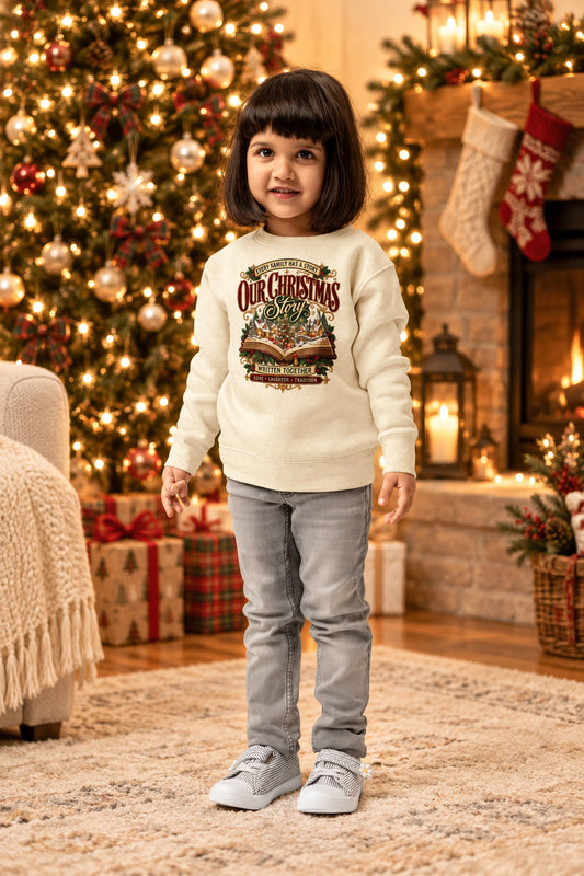 A young child with dark hair stands against a plain white background wearing a cream sweatshirt with a large graphic print, gray jeans, and light gray sneakers.