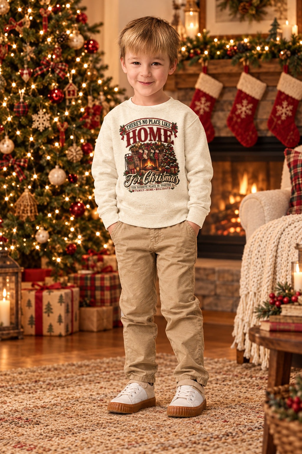 A young boy wearing a cream-colored long-sleeve crewneck sweatshirt with a 'Home Is Where The Family Is' Christmas graphic, paired with khaki pants and white sneakers, standing against a plain white background.