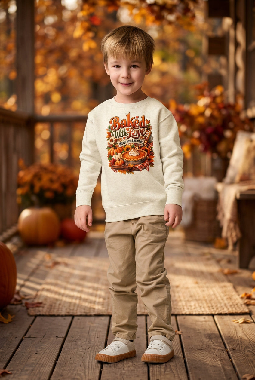 A young boy wearing a cream-colored crewneck sweatshirt with a colorful 'Baked Apple Pie' graphic on the front, paired with khaki pants and white sneakers, standing against a plain white background.