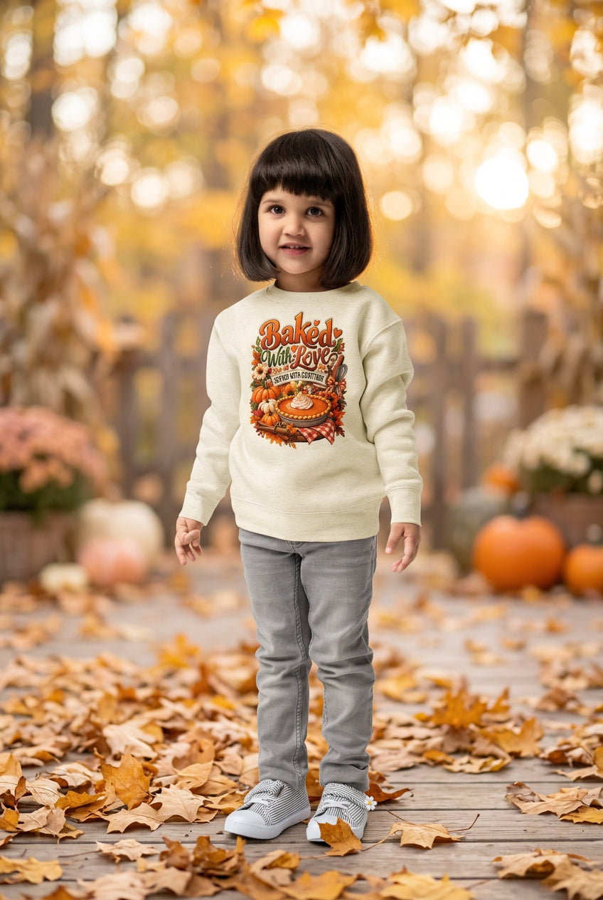 A young child with dark hair stands against a white background wearing a cream sweatshirt with a colorful 'Baked Peach Pie' graphic, gray pants, and light gray sneakers.