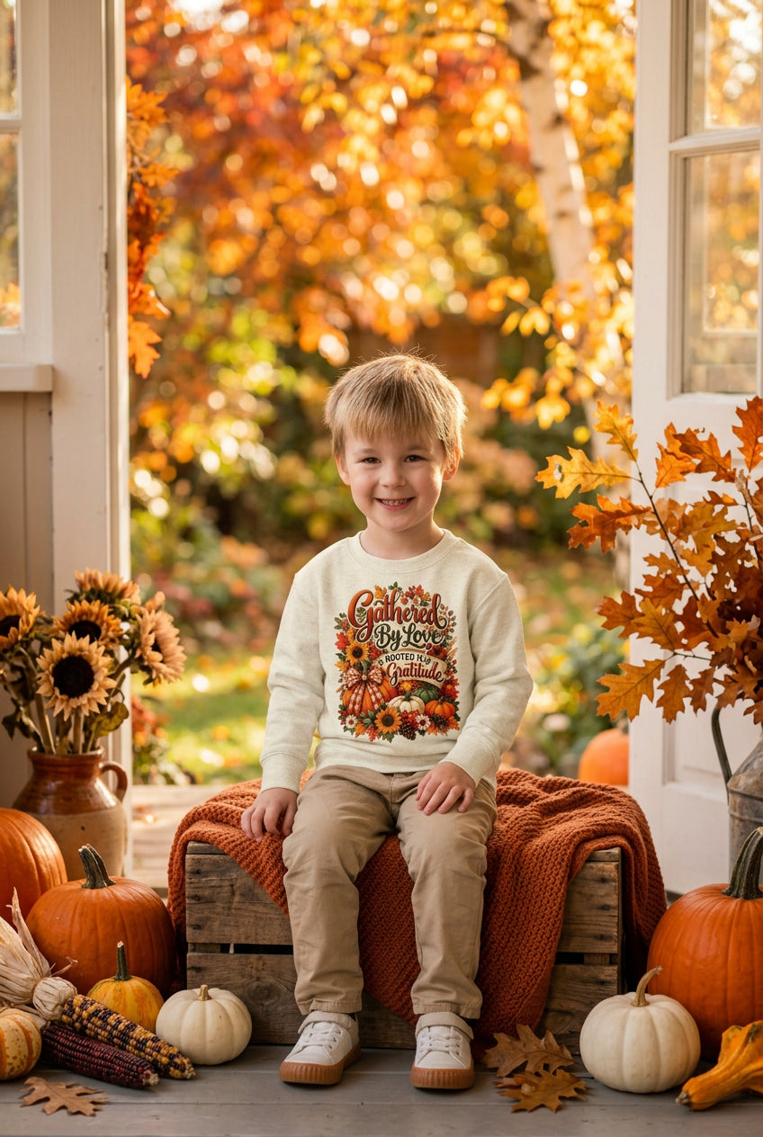 A young boy wearing a cream-colored crewneck sweatshirt with a colorful autumn-themed graphic that reads 'Gather 'til We Love You Fall', paired with khaki pants and white sneakers, standing against a plain white background.