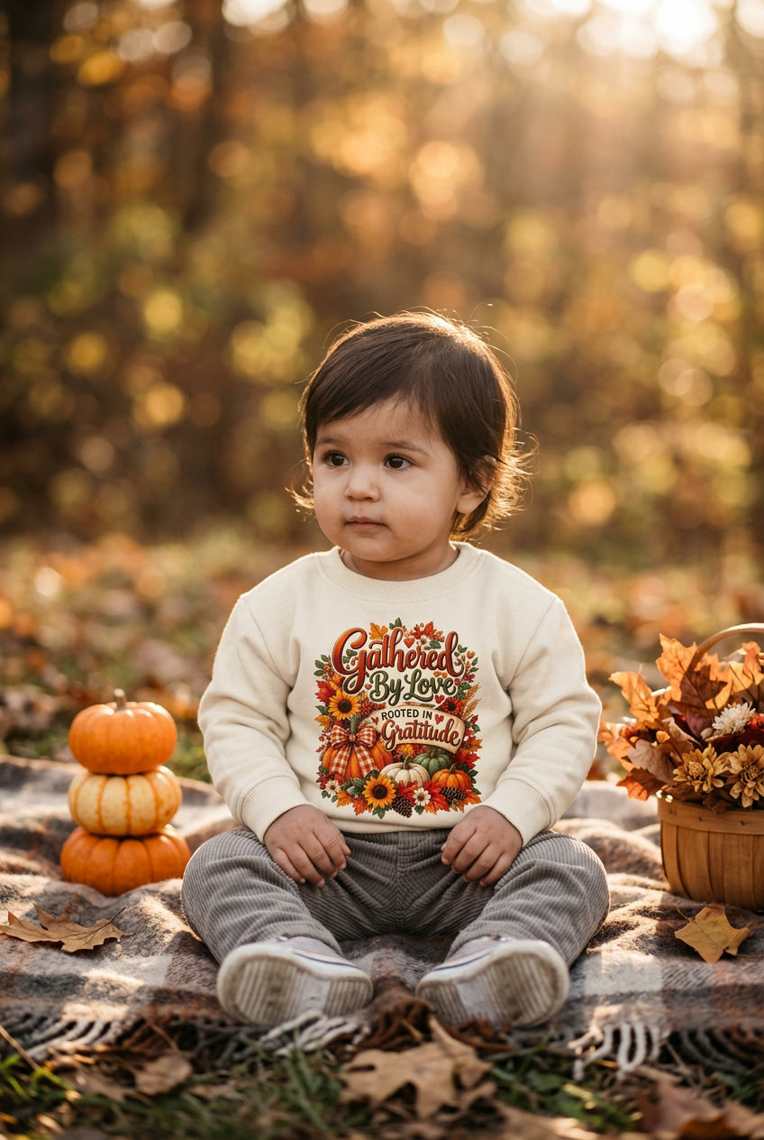 A young child wearing a cream sweatshirt with a colorful autumn-themed graphic that reads 'Cultivate Your Love This Fall' surrounded by sunflowers, paired with gray pants and white sneakers, on a solid white background.