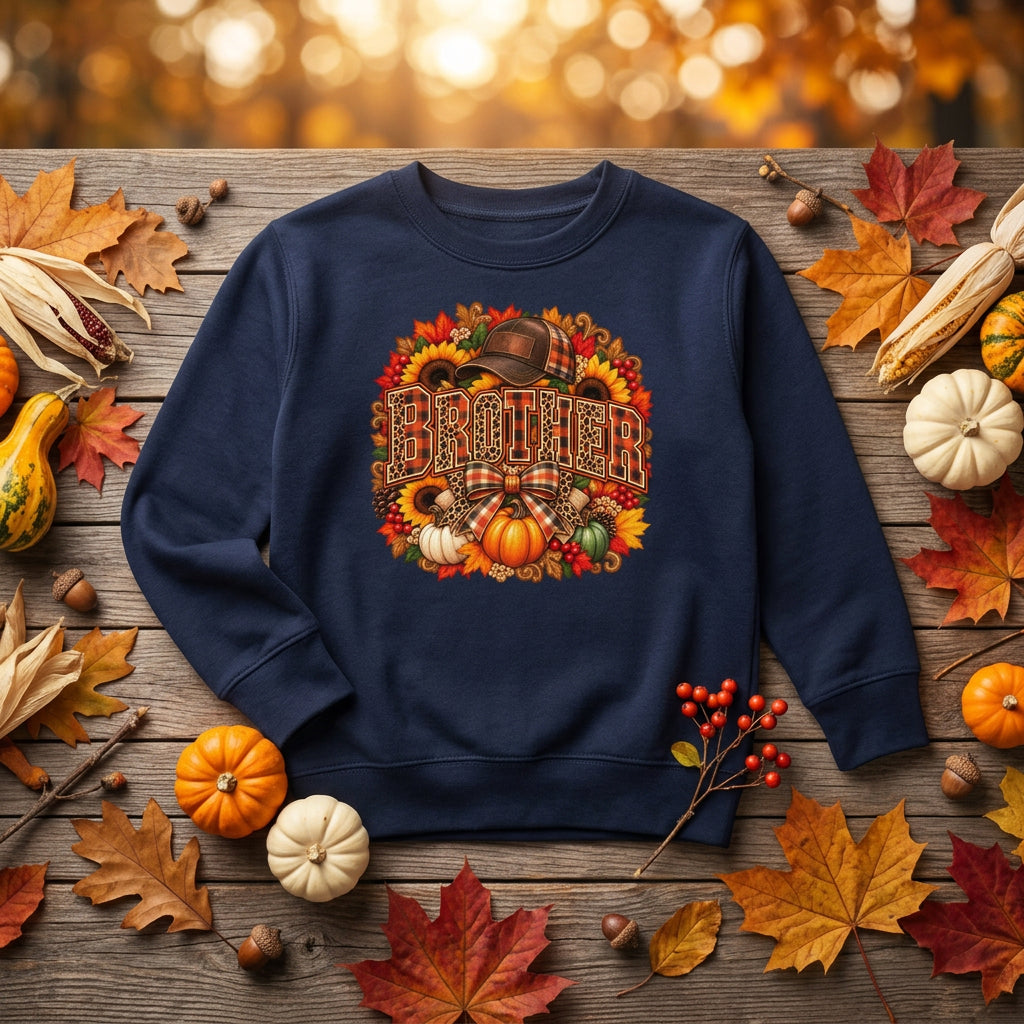 A navy blue crewneck sweatshirt featuring a large, colorful autumn-themed graphic on the front with the word 'BROTHER' surrounded by pumpkins, sunflowers, and a plaid hat.