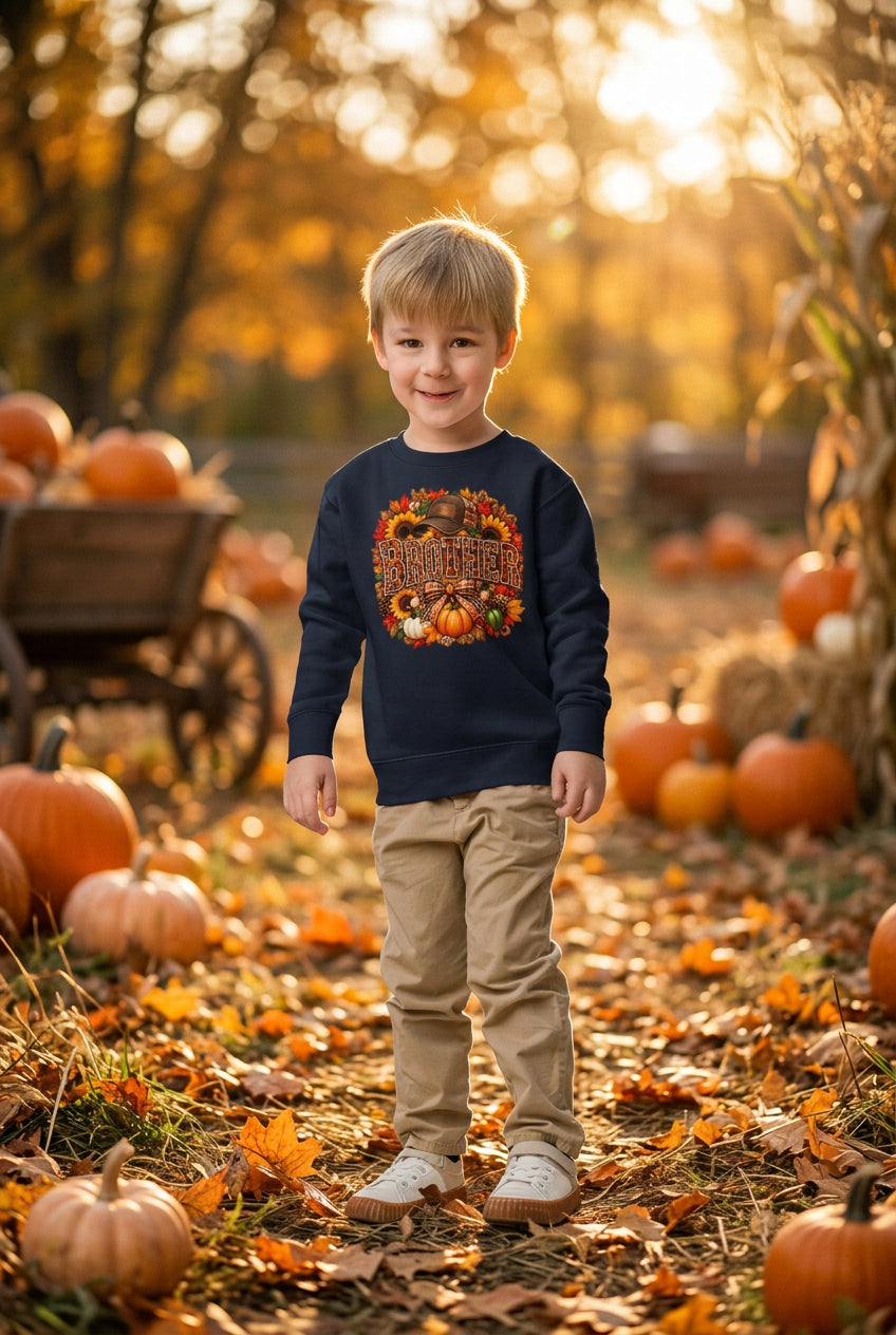 A young boy wearing a navy blue crewneck sweatshirt with a colorful 'Thanksgiving' graphic featuring pumpkins and autumn leaves, paired with khaki pants and white sneakers, standing against a plain white background.