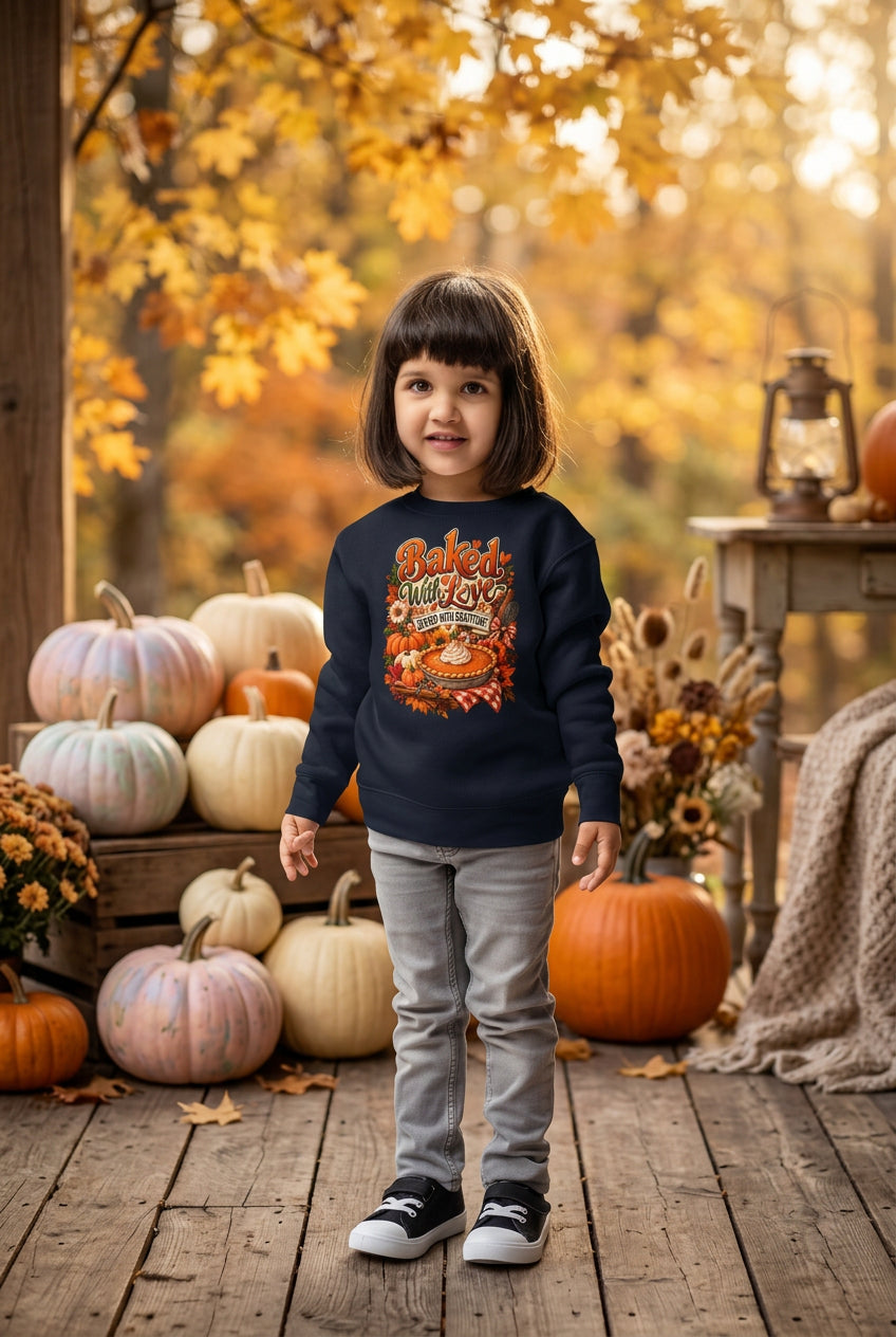 A young child wearing a black crewneck sweatshirt with a colorful 'Fighting Spirit' graphic on the front, paired with gray jeans and white sneakers, standing against a plain white background.
