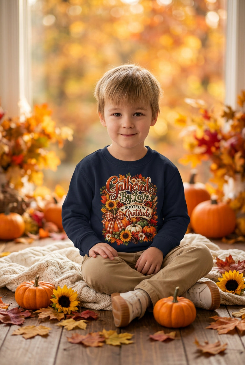A young boy wearing a navy blue sweatshirt with a graphic of an angel and a pink heart, paired with khaki pants and white sneakers, standing against a plain white background.