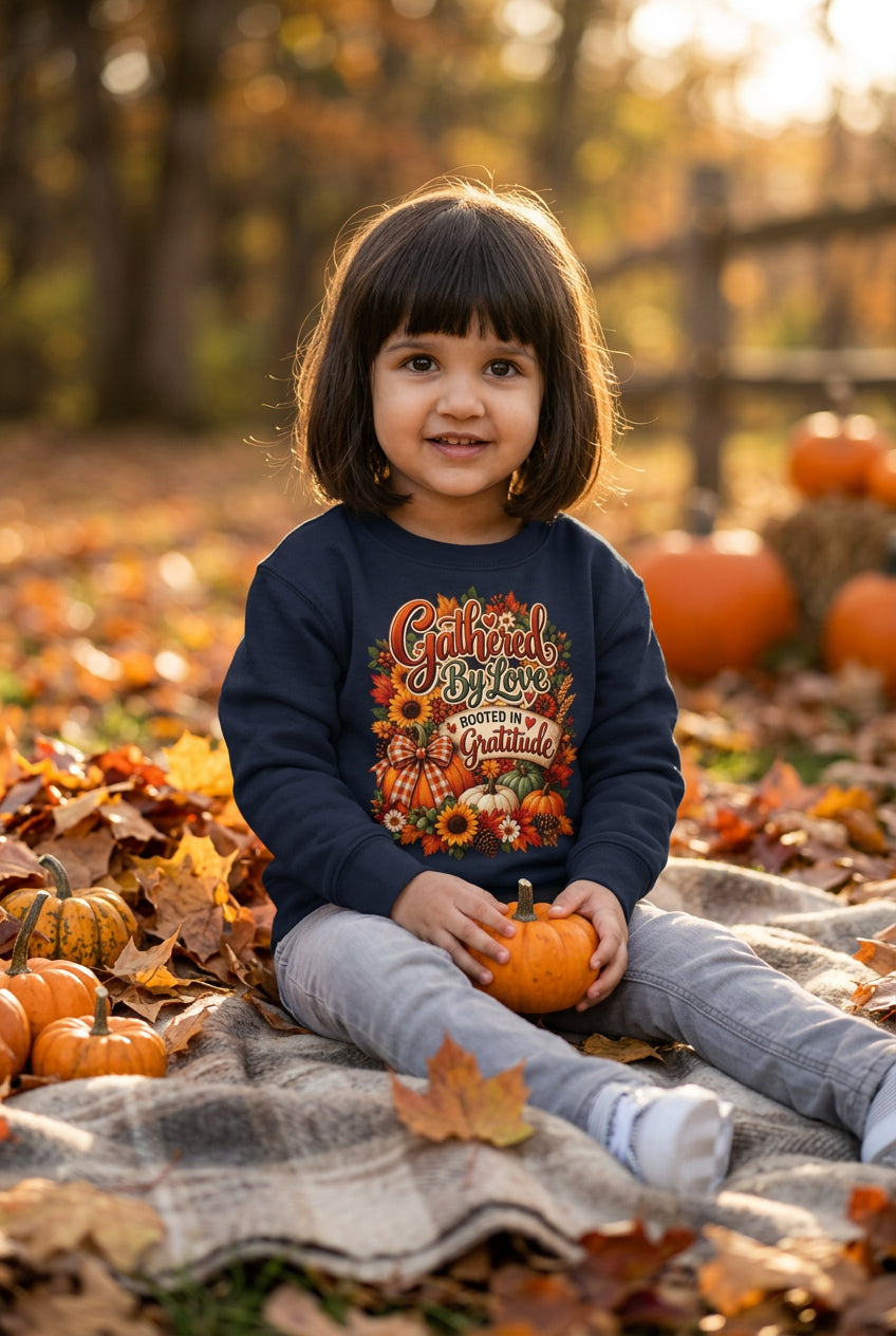 A young child wearing a black crewneck sweatshirt with a colorful 'Fighting Spirit' graphic on the front, paired with gray jeans and white sneakers, standing against a plain white background.