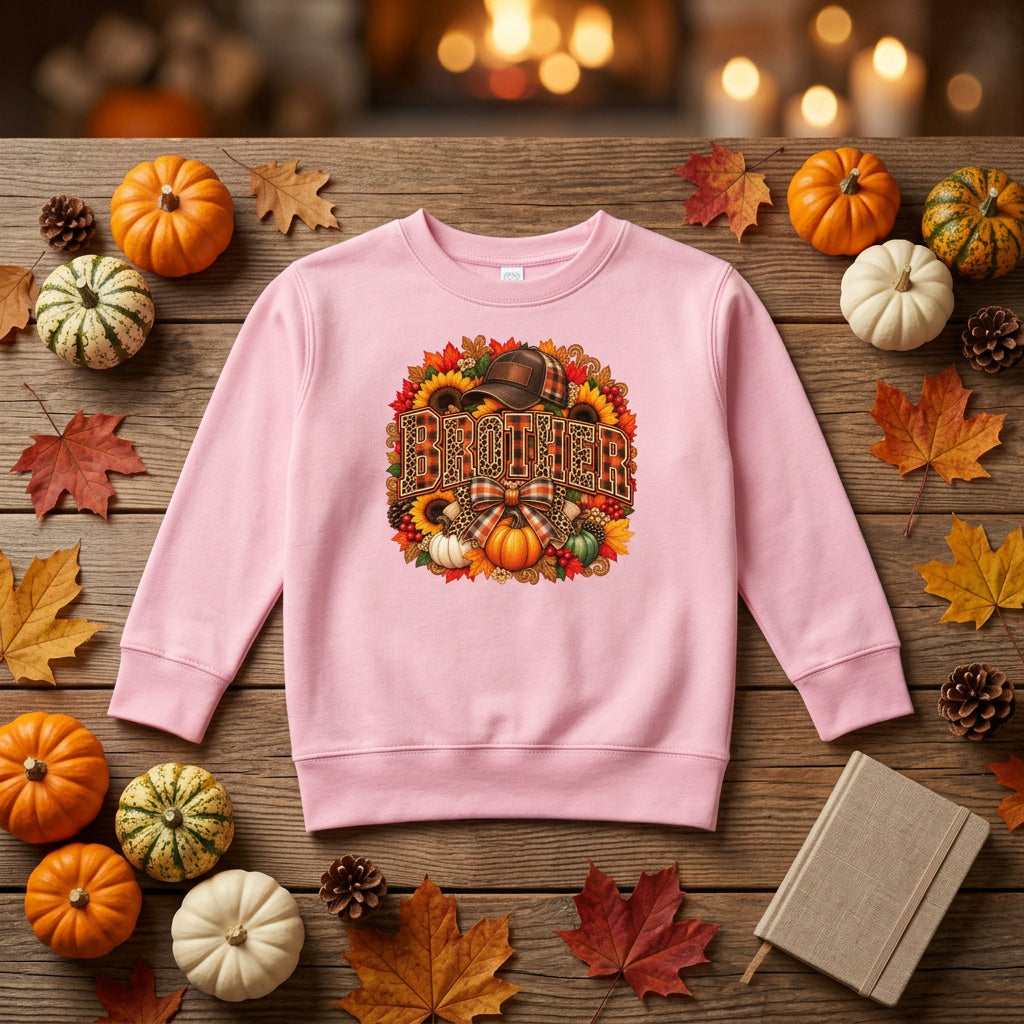 A light pink crewneck sweatshirt featuring a large, colorful autumn-themed graphic on the chest with the word 'BROTHER' in a plaid pattern, surrounded by pumpkins, sunflowers, and fall leaves.