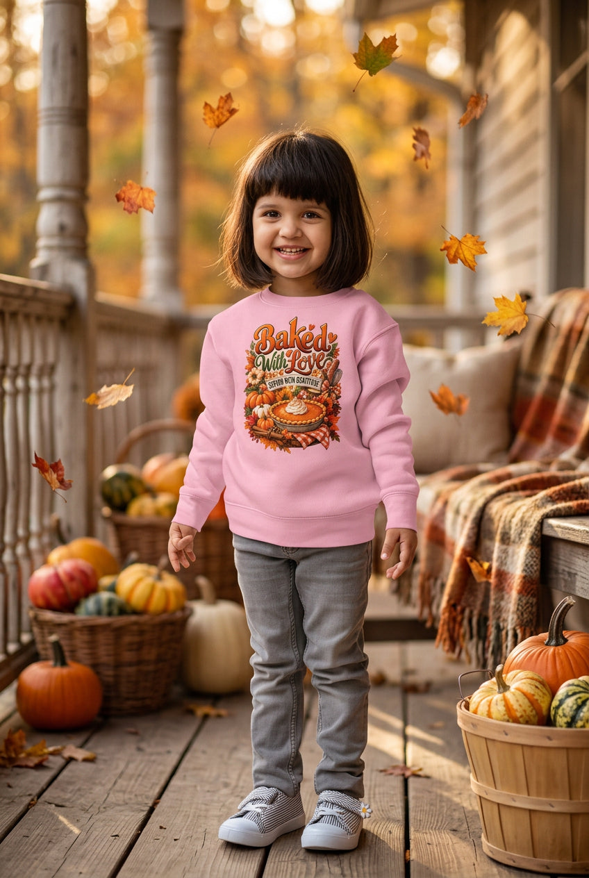 A young girl with a dark bob haircut stands against a white background wearing a light pink crewneck sweatshirt with a colorful graphic print that reads 'Bake It Easy'.