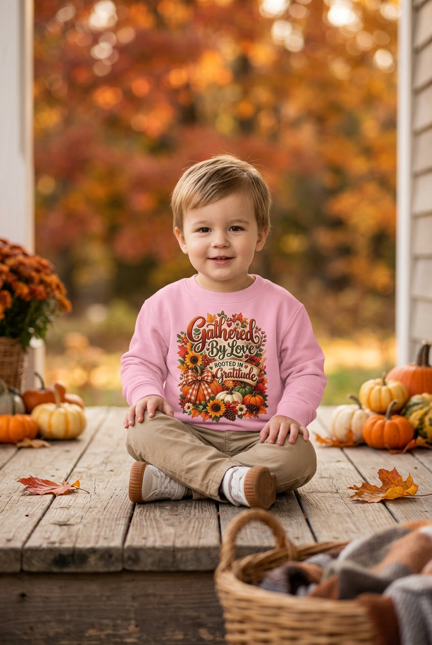 A young child wearing a light pink crewneck sweatshirt with a colorful autumn-themed graphic that reads 'Gather 'til Big Love', paired with khaki pants and white shoes, standing against a plain white background.