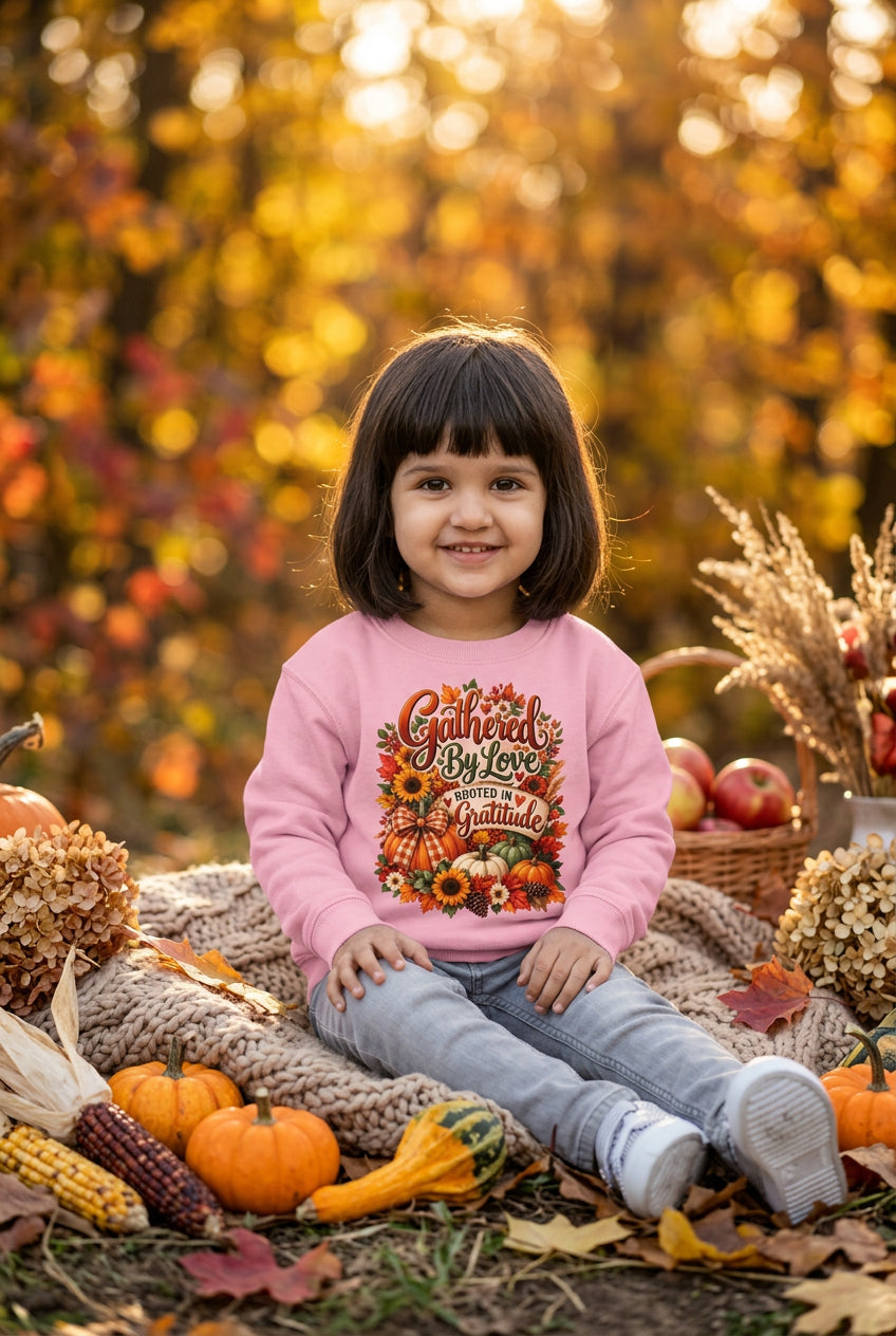 A young girl with dark hair wearing a light pink crewneck sweatshirt with a colorful autumn graphic, gray jeans, and white sneakers, standing against a plain white background.