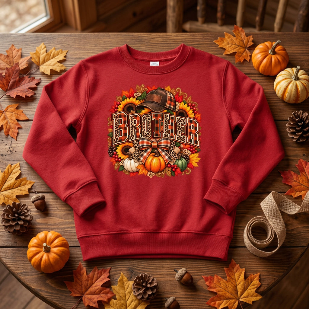 A red crewneck sweatshirt featuring a large autumn-themed graphic on the chest with the word 'BROTHER' surrounded by pumpkins, sunflowers, leaves, and a plaid hat.
