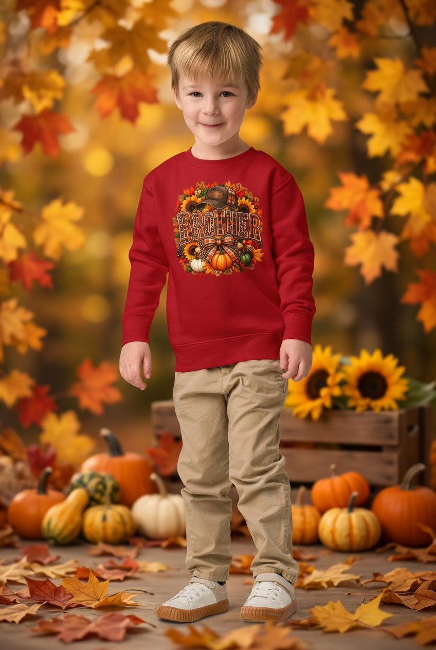 A young boy wearing a red crewneck sweatshirt with a green turtle graphic and the text 'La Mariposa Maman' on the chest, paired with khaki pants and white sneakers, standing against a plain white background.