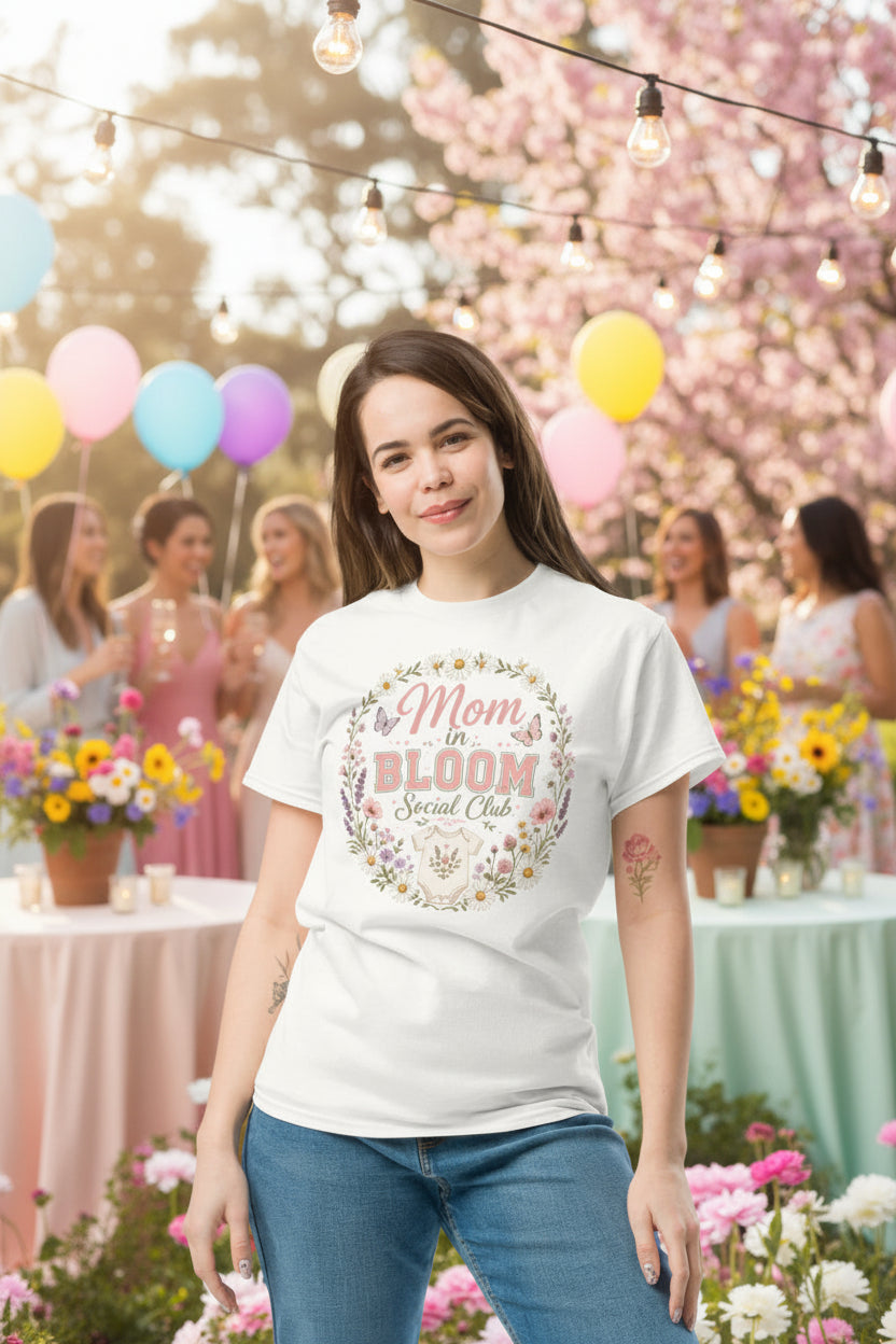 Mom in Bloom Social Club white floral baby shower T-shirt