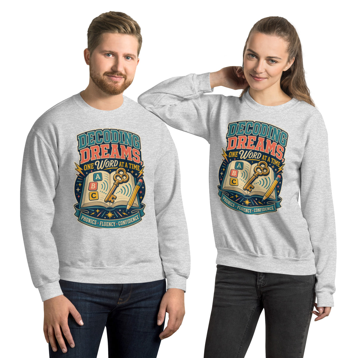 Decoding Dreams Reading Teacher sweatshirt in Ash, front