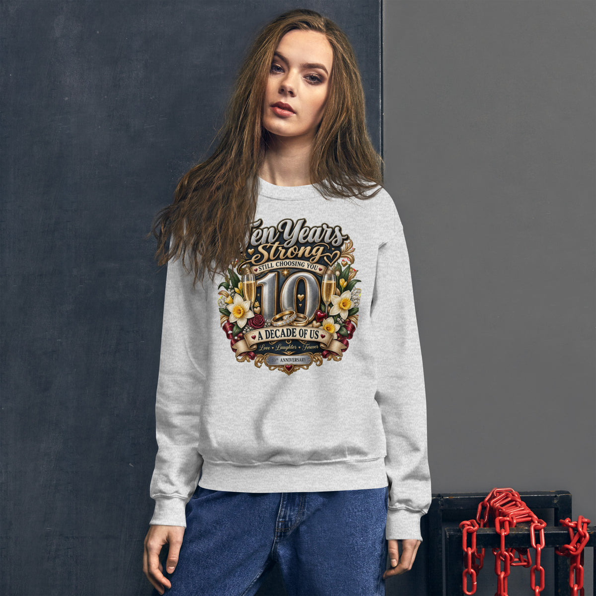 Ten Years Strong 10th Anniversary sweatshirt in Ash, front