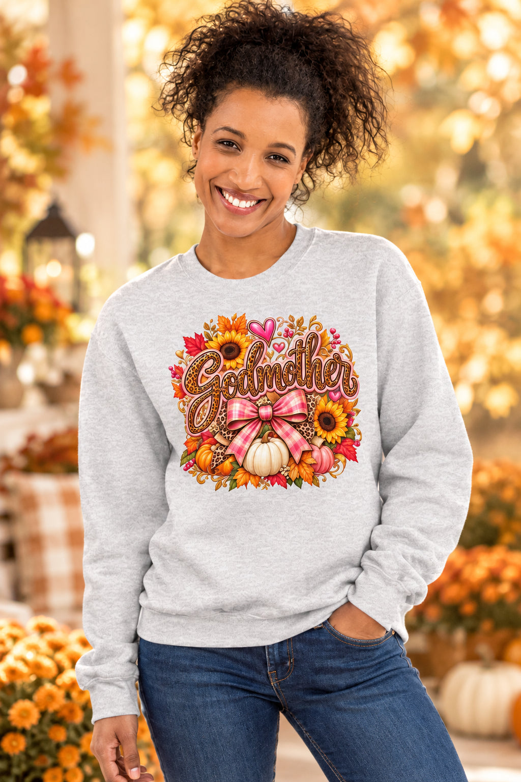 A woman wearing a light heather gray crewneck sweatshirt with a colorful graphic of a hamster and the text 'I'M ALWAYS TIRED BUT NEVER OF YOU'.