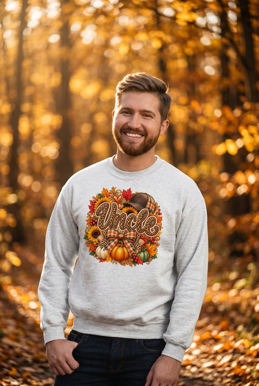 A smiling man wearing a light gray crewneck sweatshirt with a colorful autumn-themed graphic that reads 'Uncle' surrounded by pumpkins, leaves, and a plaid bow. He is standing against a white brick wall.