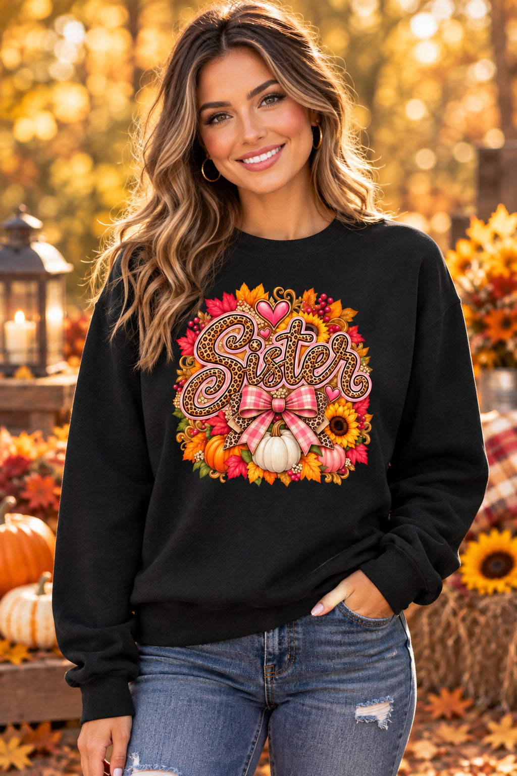 A black crewneck sweatshirt featuring a large, colorful autumn-themed graphic on the front with the word 'Sister' in leopard-print lettering, surrounded by fall leaves, pumpkins, a pink plaid bow, and sunflowers.