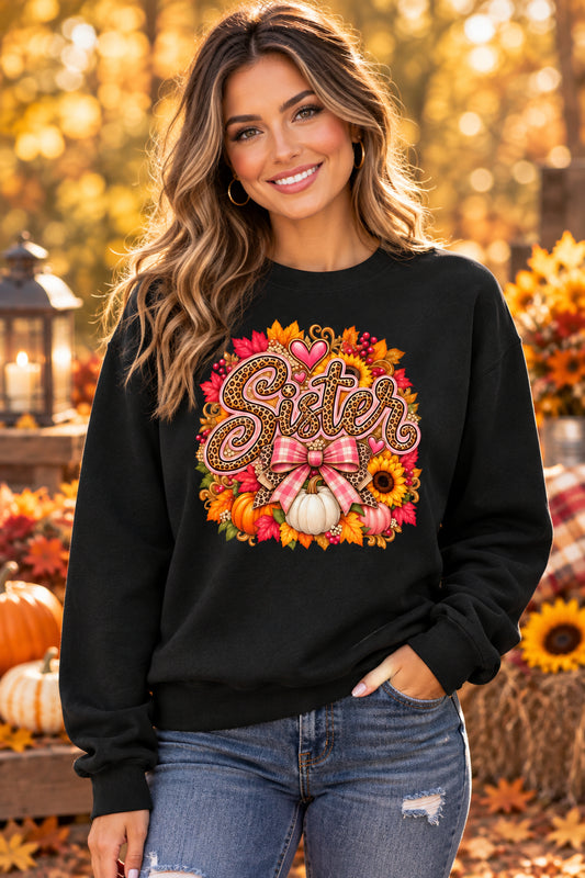 A black crewneck sweatshirt featuring a large, colorful autumn-themed graphic on the front with the word 'Sister' in leopard-print lettering, surrounded by fall leaves, pumpkins, a pink plaid bow, and sunflowers.
